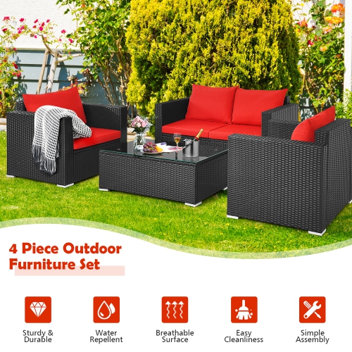 Marque Costway Ensemble de meubles de patio en rotin 4 pièces 1 Canapé 2 Fauteuils avec coussins 1 Table basse Rouge