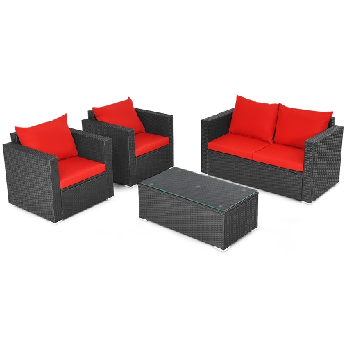 Marque Costway Ensemble de meubles de patio en rotin 4 pièces 1 Canapé 2 Fauteuils avec coussins 1 Table basse Rouge