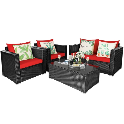 Marque Costway Ensemble de meubles de patio en rotin 4 pièces 1 Canapé 2 Fauteuils avec coussins 1 Table basse Rouge