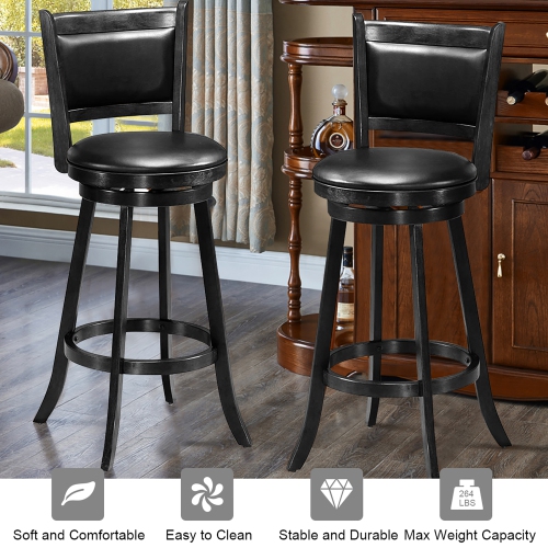 Costway Set of 2 29" Swivel Bar Height Stool Wood Dining Chair Barstool Black
