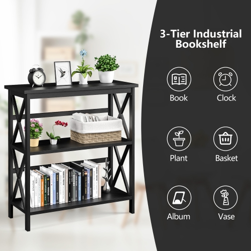 Costway 3-Tier Bookshelf Wooden Open Storage Bookcase for Home Office