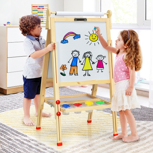 Gymax Kids Art Easel w/Paper Roll Double-Sided Adjustable Drawing Easel Board
