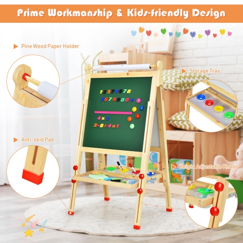 Gymax Kids Art Easel w/Paper Roll Double-Sided Adjustable Drawing Easel Board