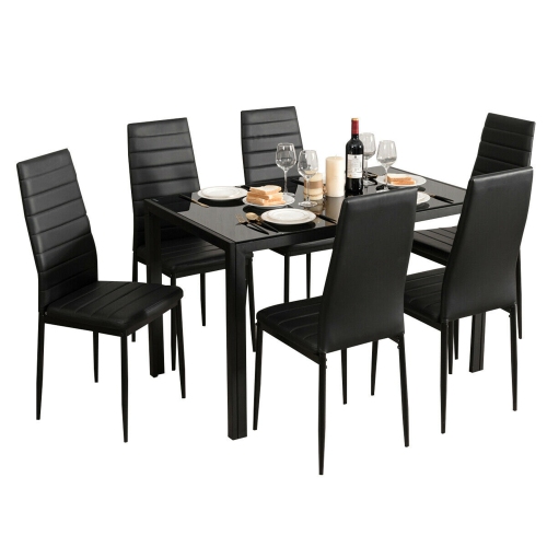 Gymax 7 PCS Kitchen Dining Table Set Breakfast Furniture w/ Glass Top Padded Chair