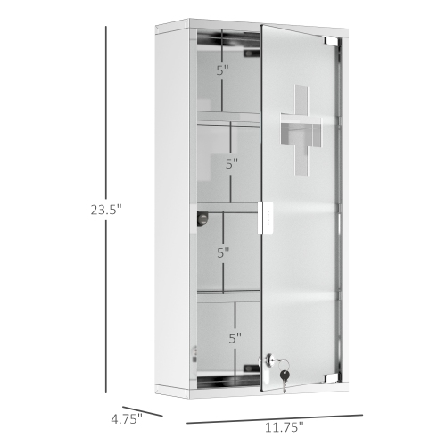 HOMCOM Wall Mount Medicine Cabinet, Bathroom Cabinet with 4 Tier Shelves, Stainless Steel Frame and Glass Door, Lockable with 2 Keys, Silver, 12" x