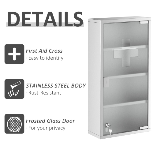 HOMCOM Wall Mount Medicine Cabinet, Bathroom Cabinet with 4 Tier Shelves, Stainless Steel Frame and Glass Door, Lockable with 2 Keys, Silver, 12" x
