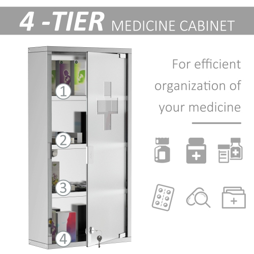 HOMCOM Wall Mount Medicine Cabinet, Bathroom Cabinet with 4 Tier Shelves, Stainless Steel Frame and Glass Door, Lockable with 2 Keys, Silver, 12" x