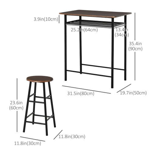 HOMCOM 3 Piece Counter Height Bar Table Set with 1 Table, 2 Matching Stools, Dining Table Set with Storage Shelf and Metal Frame Footrest, Black and