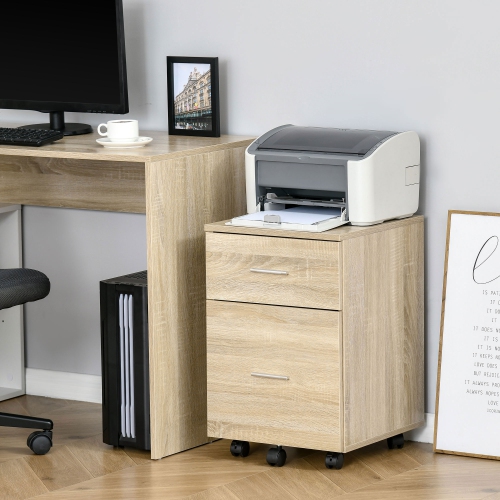 Vinsetto Vertical Filing Cabinet with Wheels, 2-Drawer Mobile File Cabinet, Office Storage Cabinet for Letter or A4 File, Study Home Office, Natural