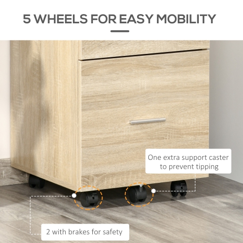 Vinsetto Vertical Filing Cabinet with Wheels, 2-Drawer Mobile File Cabinet, Office Storage Cabinet for Letter or A4 File, Study Home Office, Natural
