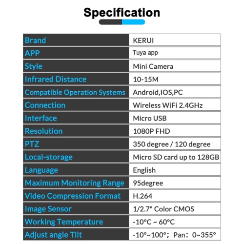 Mini caméra IP Wi-Fi HD1080P Tuya caméra d’intérieur système de surveillance Wi-Fi vision nocturne système d’alarme à détection de mouvement
