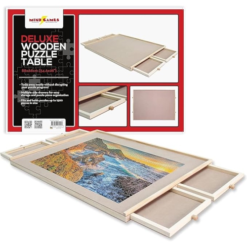 Mind Games Deluxe Wooden Puzzle Board with 4 Drawers for 1500 Piece Puzzles - 34.6 Inch x 26 Inch Light Brown