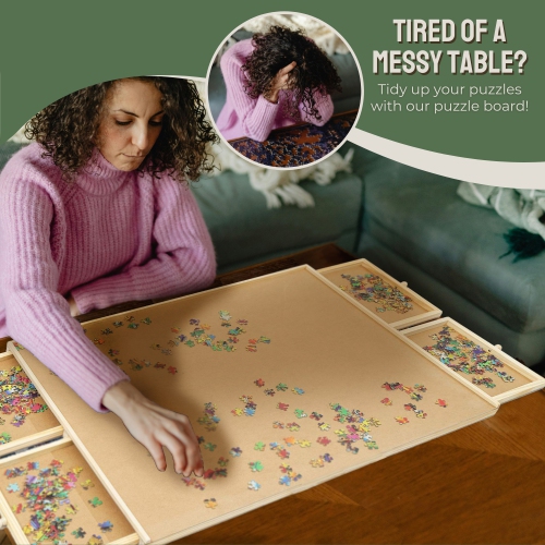 Mind Games Deluxe Wooden Puzzle Board with 4 Drawers for 1500 Piece Puzzles - 34.6 Inch x 26 Inch Light Brown