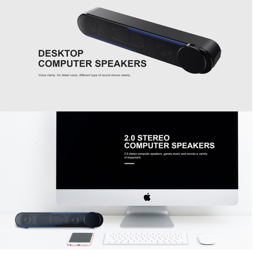 Havit M18 Double Drivers HiFi Bass 3.5MM AUX AND USB Power LED Desktop Speaker Computer Sound Bar_Black