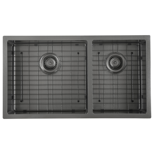 ANCONA  Prestige Undermount 32 In. 60/40 Double Bowl Kitchen Sink With Grid And Strainer In Pvd Nano In Black