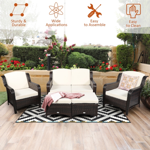 Costway 5PCS Patio Rattan Furniture Set Loveseat Sofa Ottoman W/Cushion