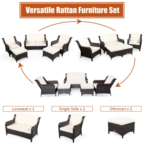 Costway 5PCS Patio Rattan Furniture Set Loveseat Sofa Ottoman W/Cushion