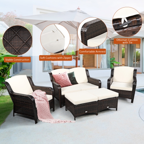 Costway 5PCS Patio Rattan Furniture Set Loveseat Sofa Ottoman W/Cushion