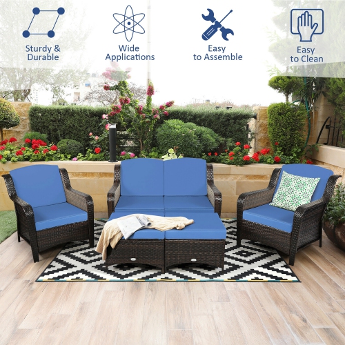 Costway 5PCS Patio Rattan Furniture Set Loveseat Sofa Ottoman W/Cushion