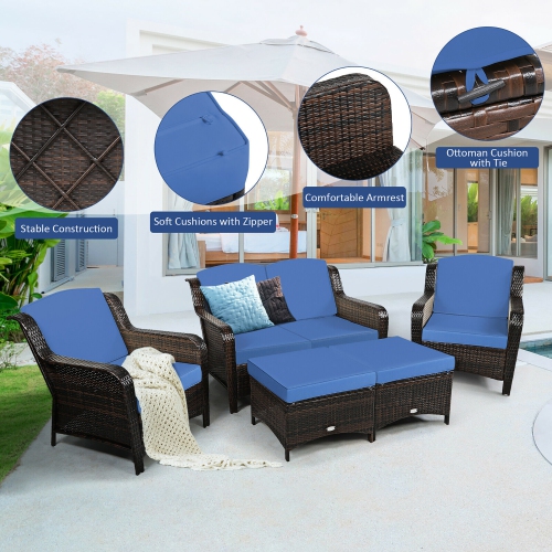 Costway 5PCS Patio Rattan Furniture Set Loveseat Sofa Ottoman W/Cushion
