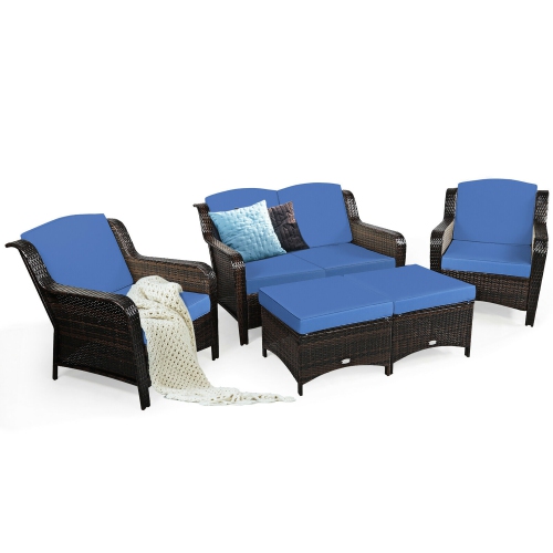 Costway 5PCS Patio Rattan Furniture Set Loveseat Sofa Ottoman W/Cushion