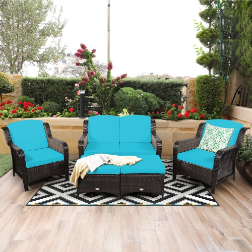 Costway 5PCS Patio Rattan Furniture Set Loveseat Sofa Ottoman W/Cushion