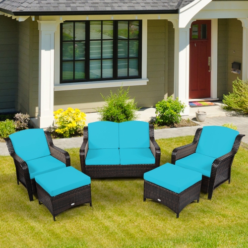 Costway 5PCS Patio Rattan Furniture Set Loveseat Sofa Ottoman W/Cushion