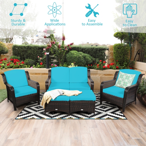Costway 5PCS Patio Rattan Furniture Set Loveseat Sofa Ottoman W/Cushion