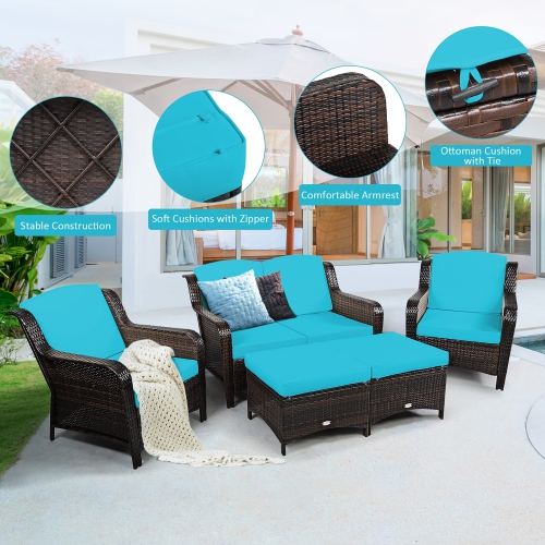 Costway 5PCS Patio Rattan Furniture Set Loveseat Sofa Ottoman W/Cushion