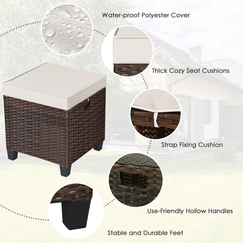 Gymax Set of 2 Patio Wicker Rattan Ottoman Footrest Garden Outdoor w/ Cushion