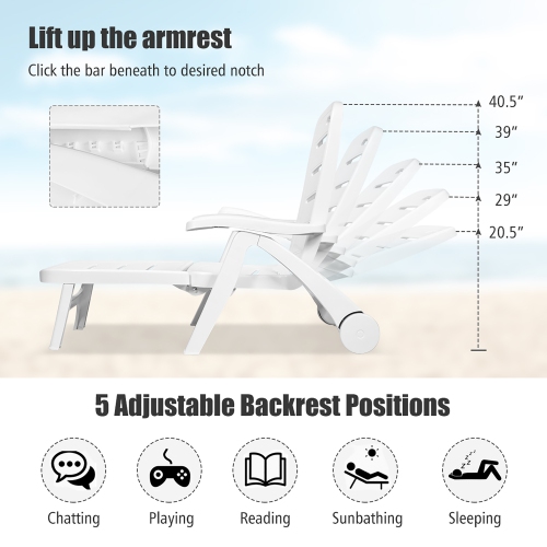 Costway 2 PCS Folding Chaise Lounge Chair 5-Position Adjustable Recliner Grey\Turquoise\Brown\White