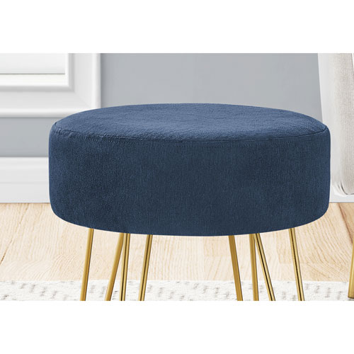 Monarch Round Hairpin-Leg Fabric Ottoman - Blue/Gold