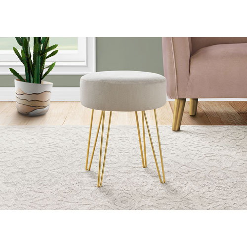 Monarch Round Hairpin-Leg Fabric Ottoman - Beige/Gold