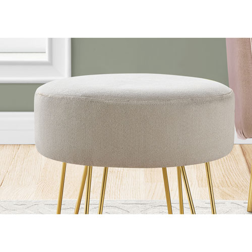 Monarch Round Hairpin-Leg Fabric Ottoman - Beige/Gold
