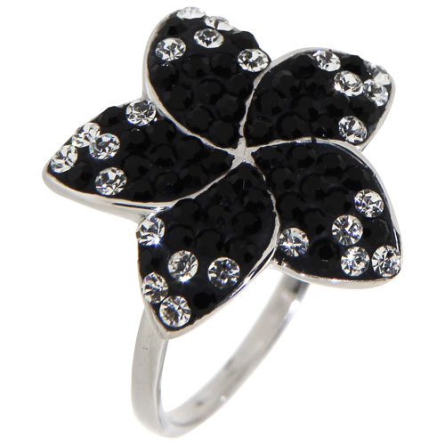 Le Reve Collection Black Stone Flower & Clear Crystal Ring in Sterling Silver - Size 5