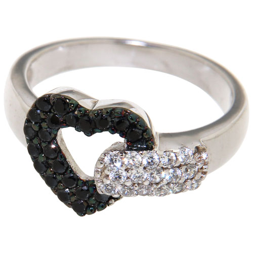 Le Reve Collection Black Spinel Heart & White Cubic Zirconia Ring in Sterling Silver - Size 5