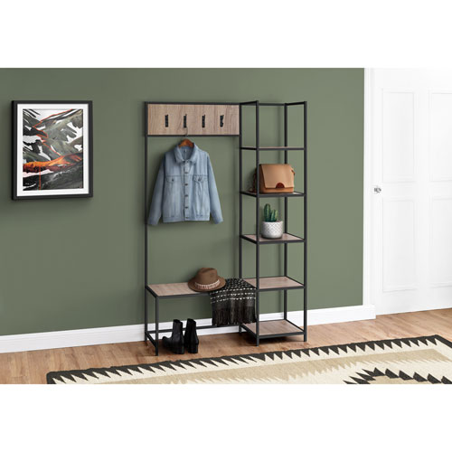 Monarch Contemporary 3-in-1 Hall Tree with Bench & Shelves - Dark Taupe