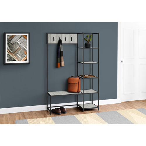 Monarch Contemporary 3-in-1 Hall Tree with Bench & Shelves - Grey