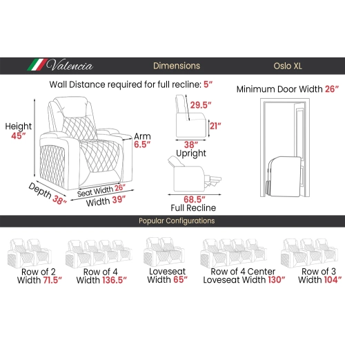 Valencia Oslo XL Home Theater Seating | Premium Top Grain Italian Nappa 11000 Leather, Power Headrest,, Extra Space, 400 lbs Capacity