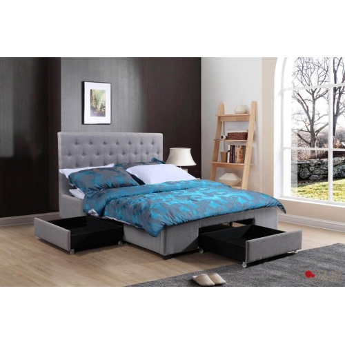 True Contemporary Charlotte Grey Tufted Linen Platform Bed with Three Storage Drawers - King