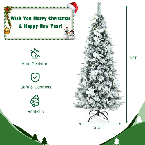 Costway 6ft Snow Flocked Christmas Pencil Tree w/ Berries & Poinsettia Flowers