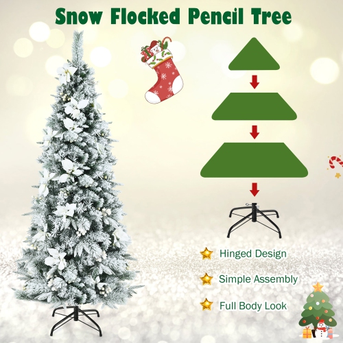 Costway 6ft Snow Flocked Christmas Pencil Tree w/ Berries & Poinsettia Flowers