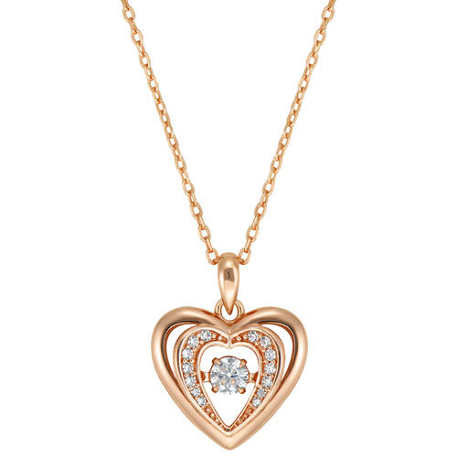 Le Reve Collection Dancing Stone Rose Gold Heart Pendant w/ Cubic Zirconia in 18" Sterling Silver Chain