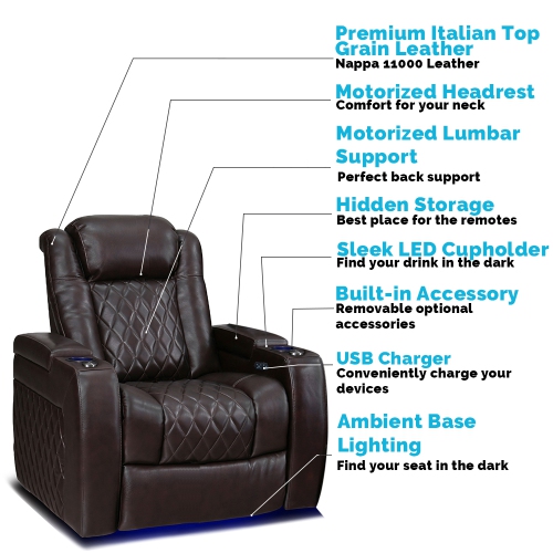 Grand fauteuil inclinable électrique cuir pleine fleur haut de gamme Tuscany de Valencia, appuie-tête électrique éclairage DEL cinéma maison 3 sièges