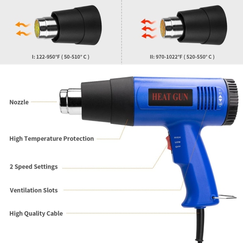 ISTAR 1800W 110V Dual Temperature Heat Gun Portable Hot Air Gun w/4 Nozzles for Heat Shrink Tubing, Wrapping Drying Painting Blue