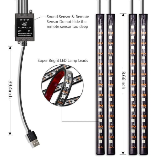 RGB Car LED Light Strips, Sound Activated with Remote Control, 48