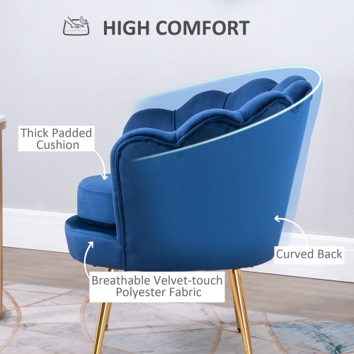 HOMCOM Chaise d'appoint moderne en tissu velours au toucher avec pieds en métal doré pour salon, bleu