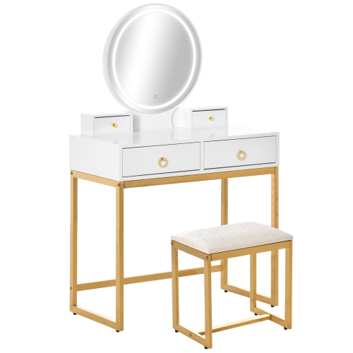 HOMCOM – Ensemble de coiffeuse avec miroir rond, table de maquillage et  lampe DEL à 3 couleurs, 4 tiroirs, tabouret rembourré pour chambre à  coucher, blanc