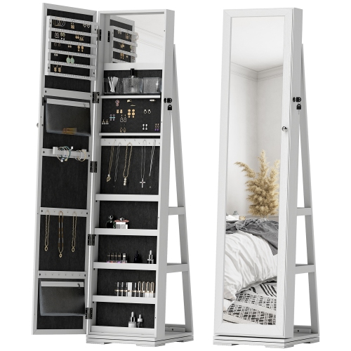 Image 1 of 9.. HOMCOM 360° Swivel Mirror Jewelry Cabinet Armoire, Lockable Jewelry Organizer with Built-In Small Mirror, White