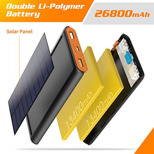 Chargeur solaire, batterie solaire 26800 mAh, chargeur portable avec LED et 2 ports de sortie USB, batterie externe pour le